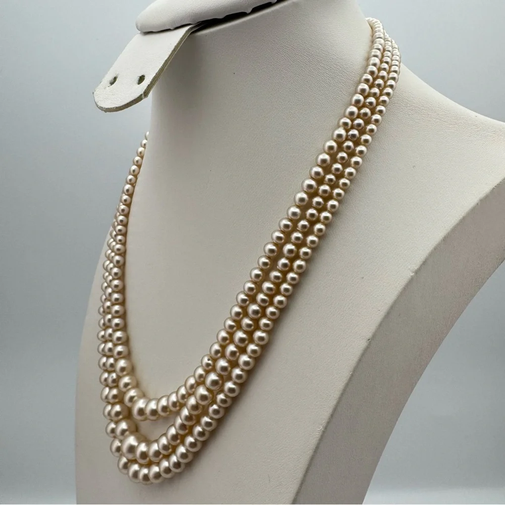 Vintage Japan 3-Strand Faux Pearl Necklace Rhinestone Box Clasp